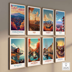 Charlottesville Art Print - Virginia Travel Poster, Cityscape Wall Art displayed among other cityscape art prints.