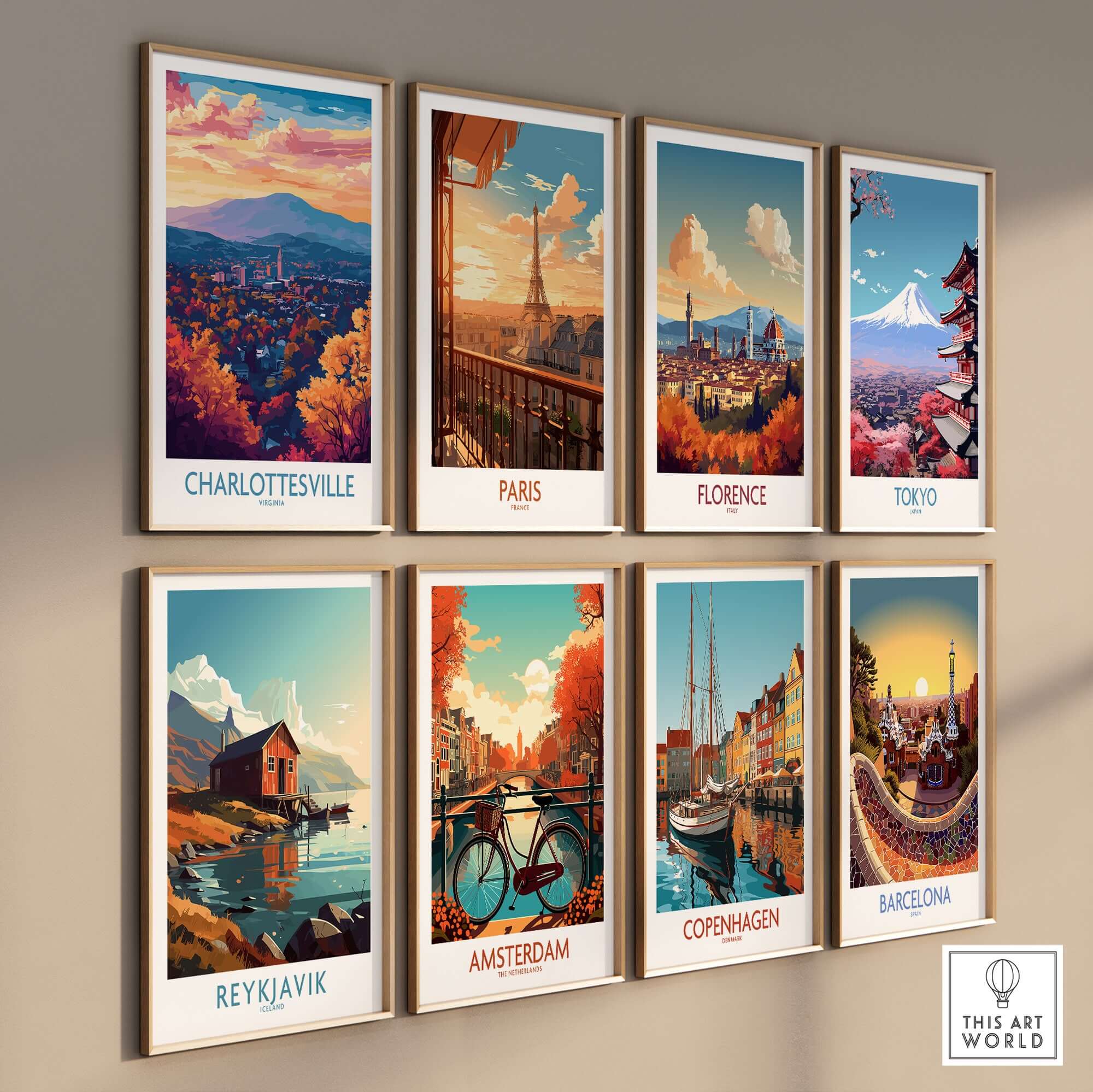 Charlottesville Art Print - Virginia Travel Poster, Cityscape Wall Art displayed among other cityscape art prints.
