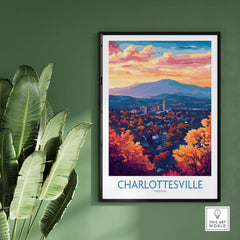 Charlottesville Art Print - Virginia Travel Poster, Cityscape Wall Art showcasing vibrant cityscape and scenic landscape.