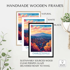 Charlottesville Art Print - Virginia Travel Poster, Cityscape Wall Art in handmade wooden frames, natural, white, and black.