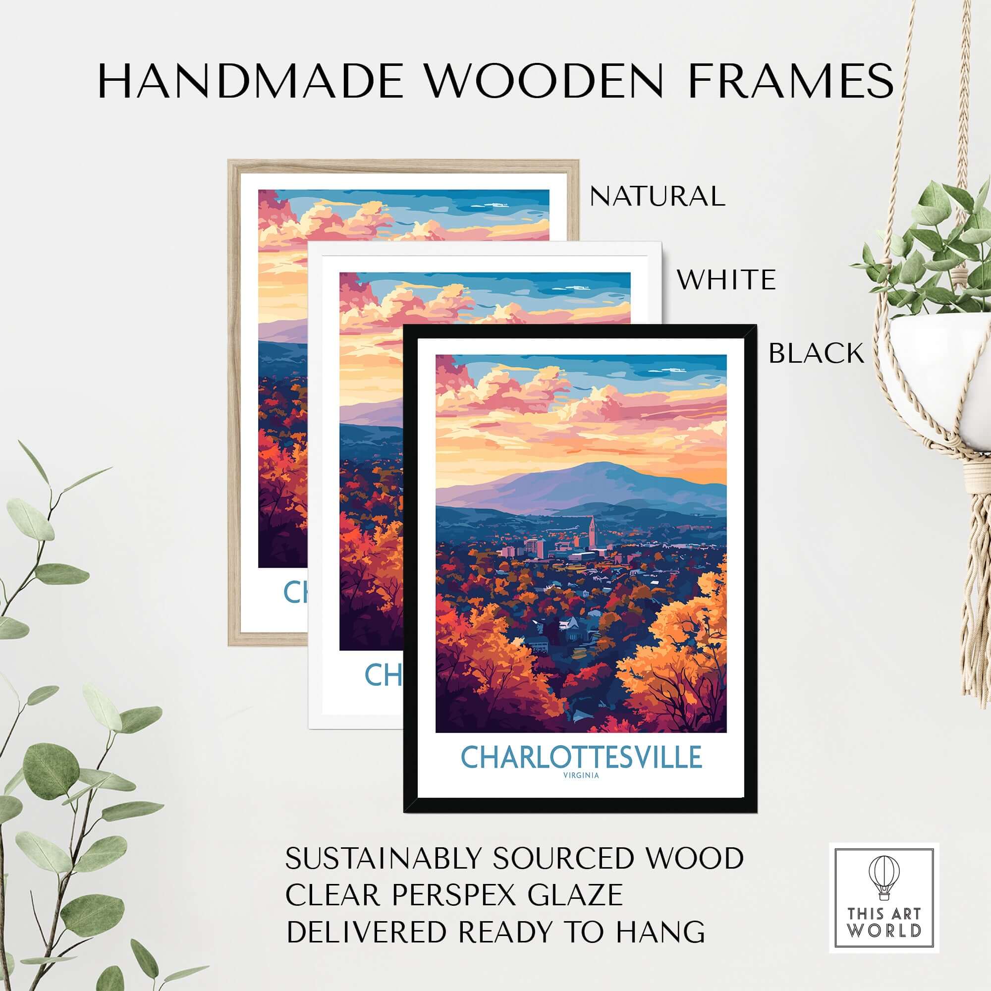 Charlottesville Art Print - Virginia Travel Poster, Cityscape Wall Art in handmade wooden frames, natural, white, and black.