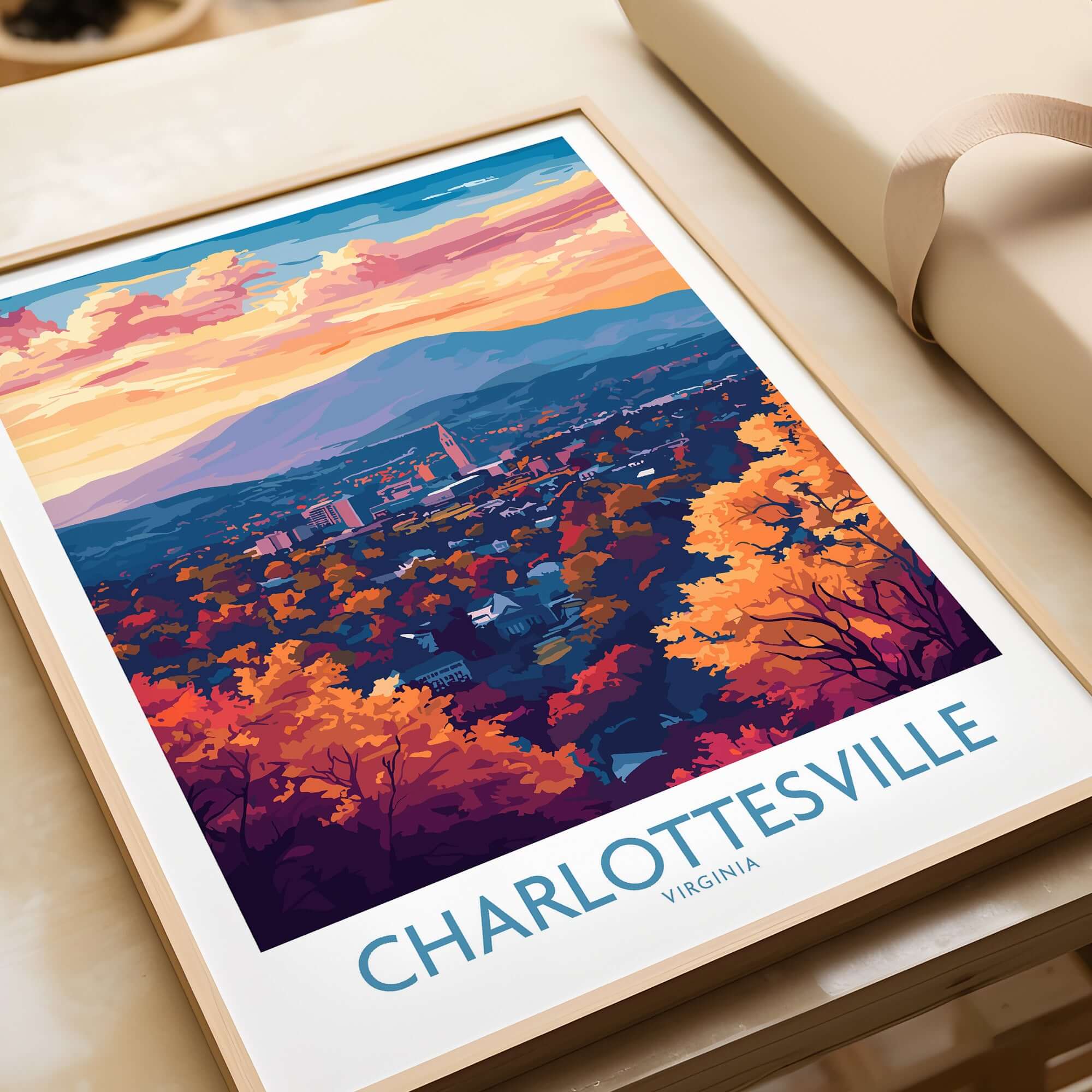 Charlottesville Art Print - Virginia Travel Poster, Cityscape Wall Art featuring a vibrant cityscape and autumn landscape.