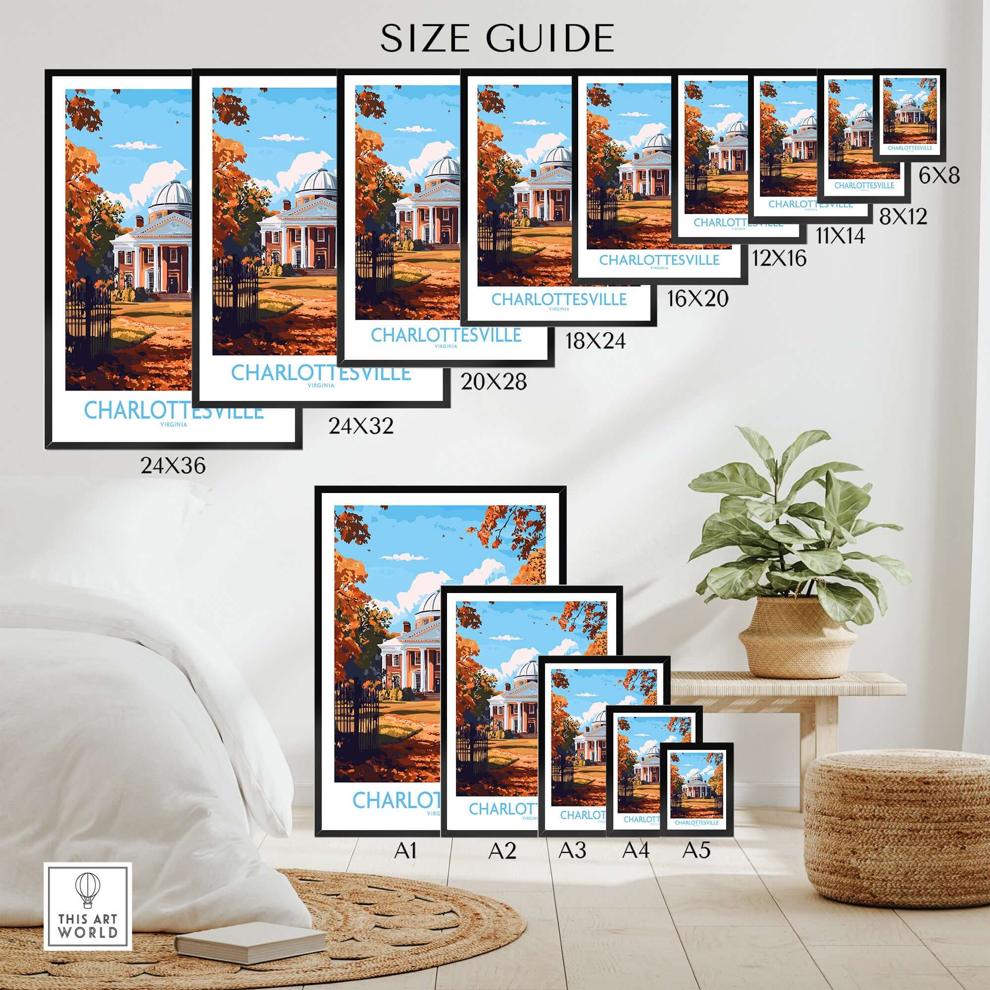 Charlottesville Landmark Poster - UVA Rotunda Wall Art, Autumn Scene Size Guide with dimensions and styles.