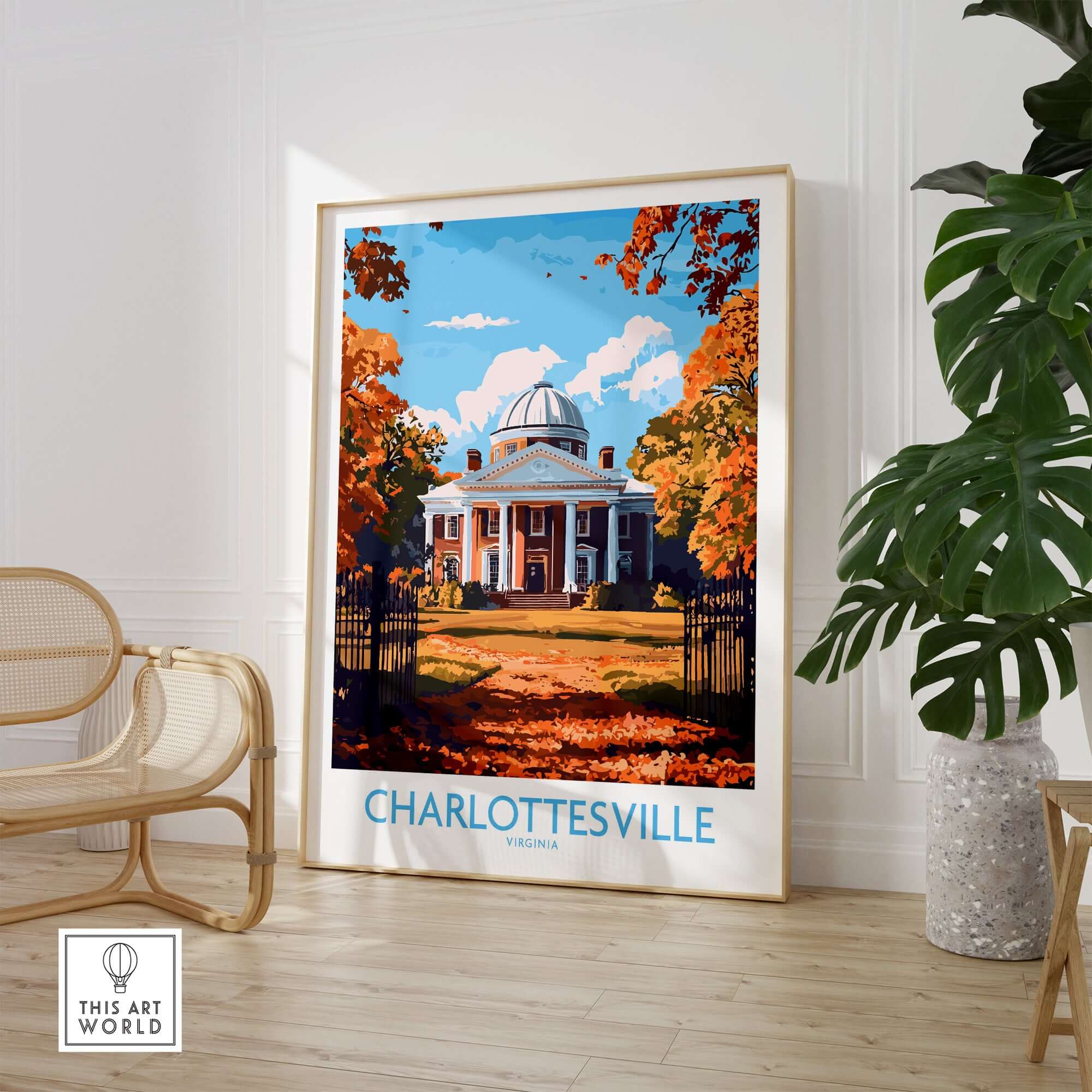 Charlottesville Landmark Poster - UVA Rotunda Wall Art, Autumn Scene displayed in a modern interior setting.