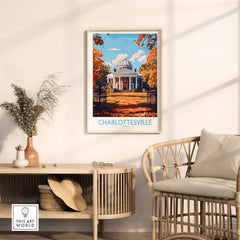 Charlottesville Landmark Poster - UVA Rotunda Wall Art, Autumn Scene displayed in a stylish interior setting.