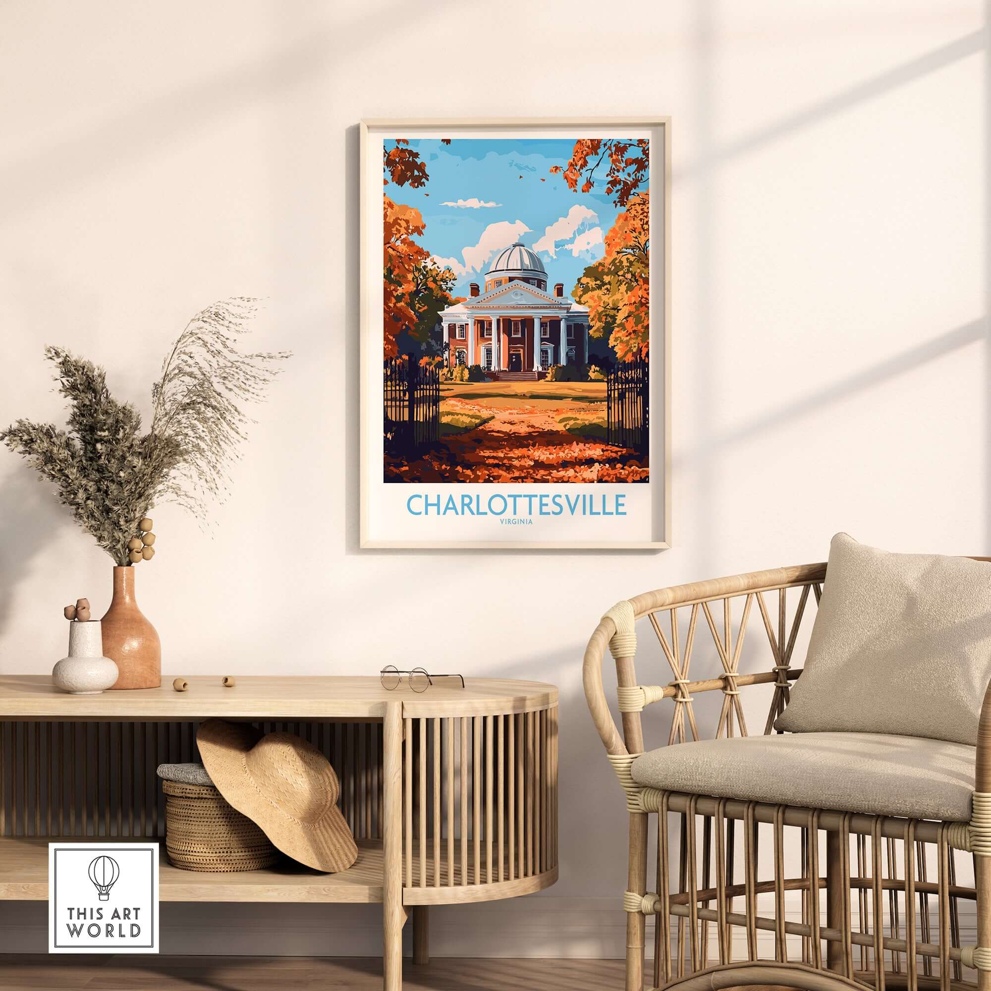 Charlottesville Landmark Poster - UVA Rotunda Wall Art, Autumn Scene displayed in a stylish interior setting.