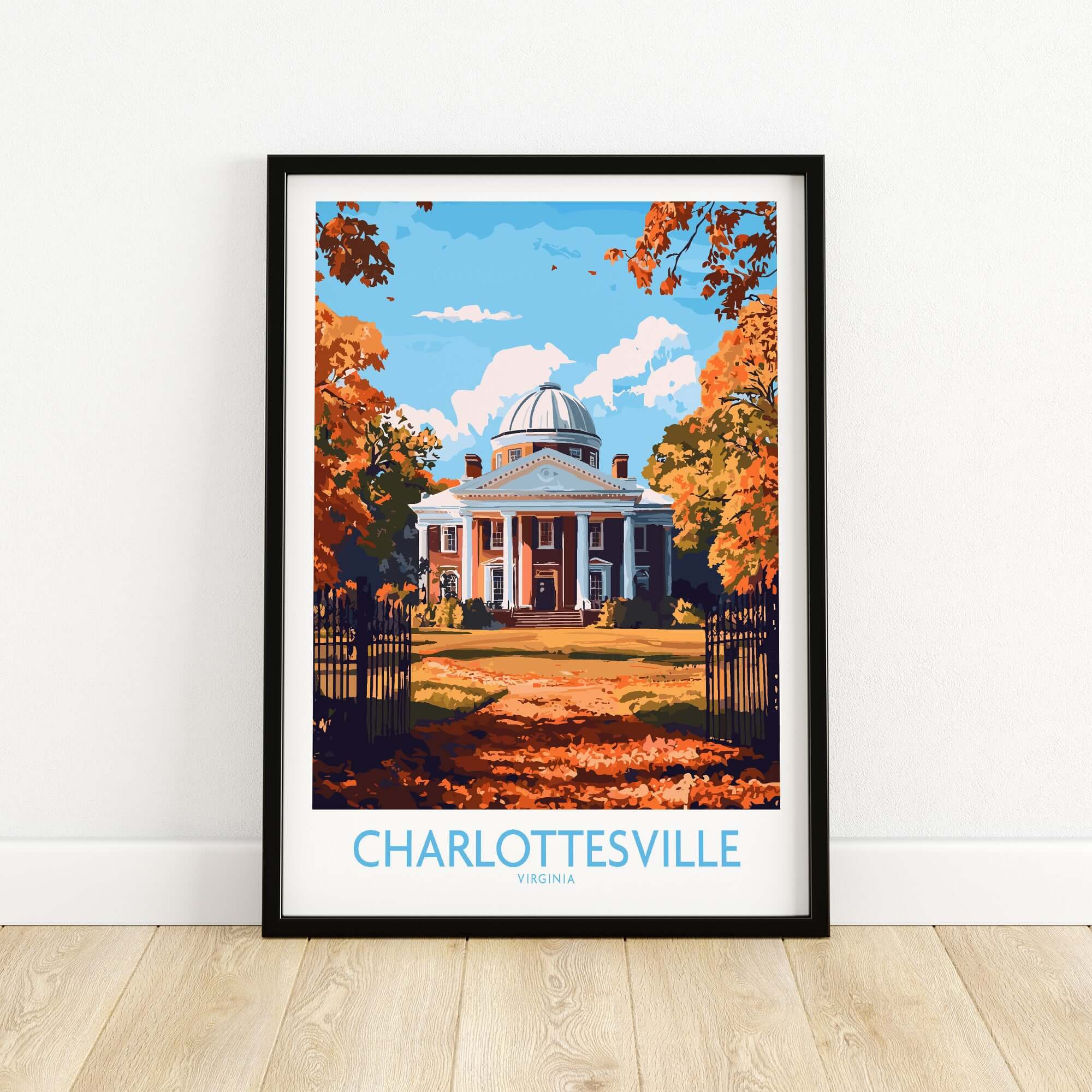 Charlottesville Landmark Poster - UVA Rotunda Wall Art, Autumn Scene featuring UVA Rotunda with autumn leaves.