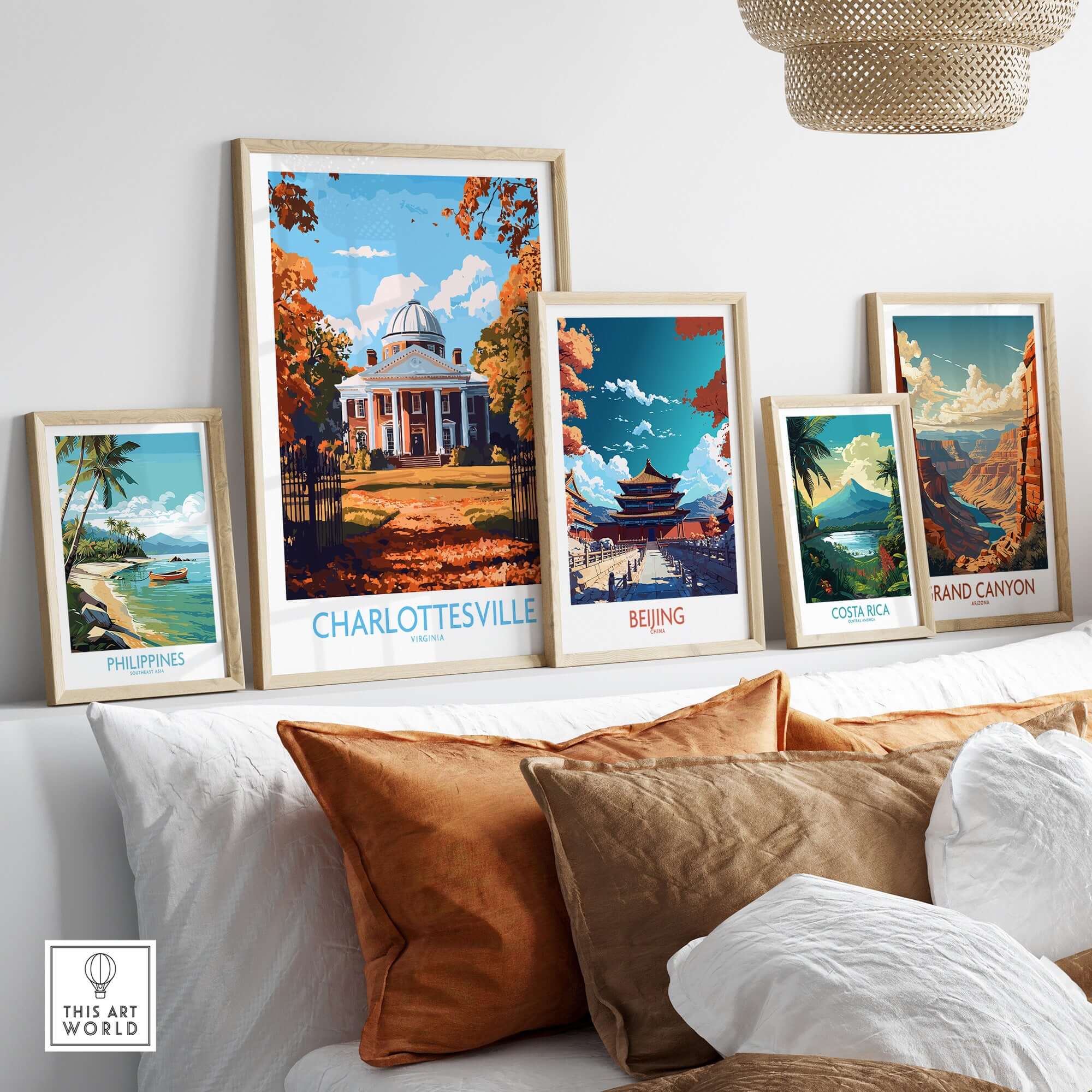 Charlottesville Landmark Poster - UVA Rotunda Wall Art, Autumn Scene displayed among travel posters on a stylish wall.