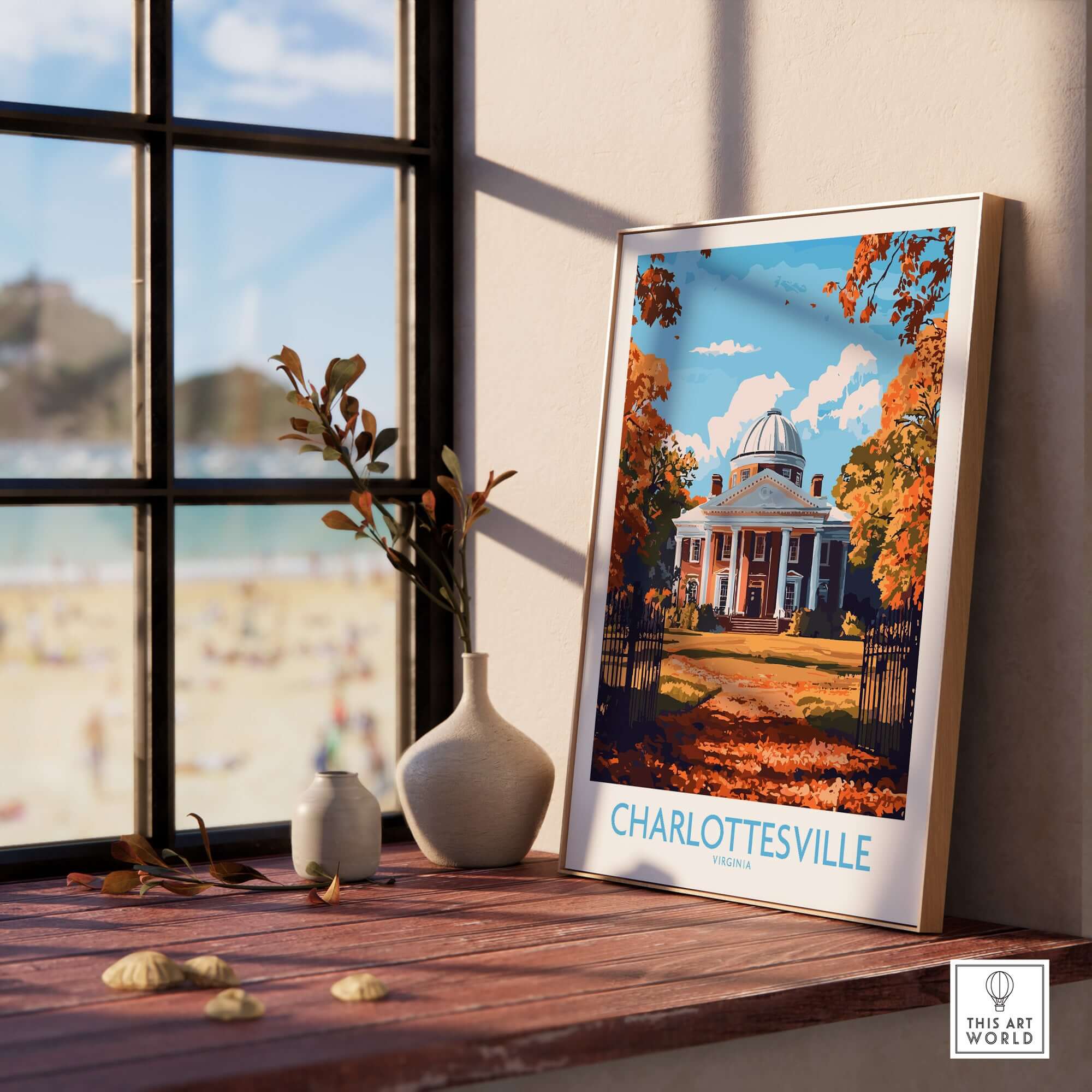 Charlottesville Landmark Poster - UVA Rotunda Wall Art, Autumn Scene displayed on a window sill with a beach view.