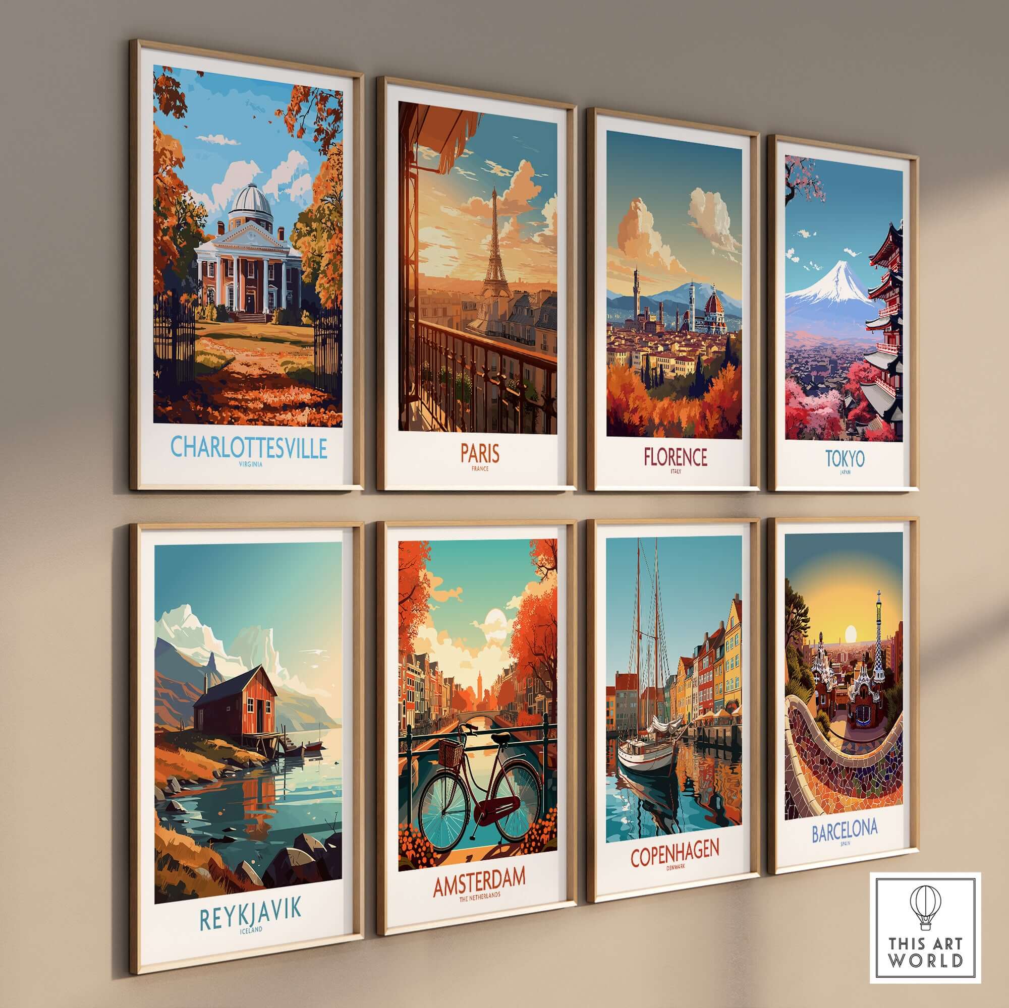 Charlottesville Landmark Poster - UVA Rotunda Wall Art, Autumn Scene displayed among various city posters.