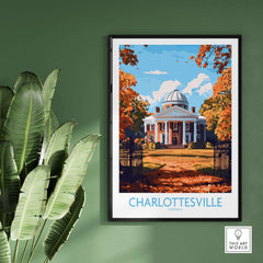 Charlottesville Landmark Poster - UVA Rotunda Wall Art, Autumn Scene displayed in a stylish setting with greenery.