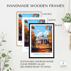 Charlottesville Landmark Poster - UVA Rotunda Wall Art, Autumn Scene displayed in handmade wooden frames.