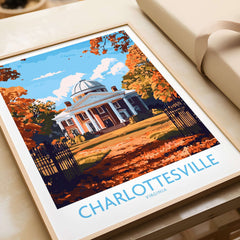 Charlottesville Landmark Poster - UVA Rotunda Wall Art, Autumn Scene featuring the iconic UVA Rotunda surrounded by fall foliage.