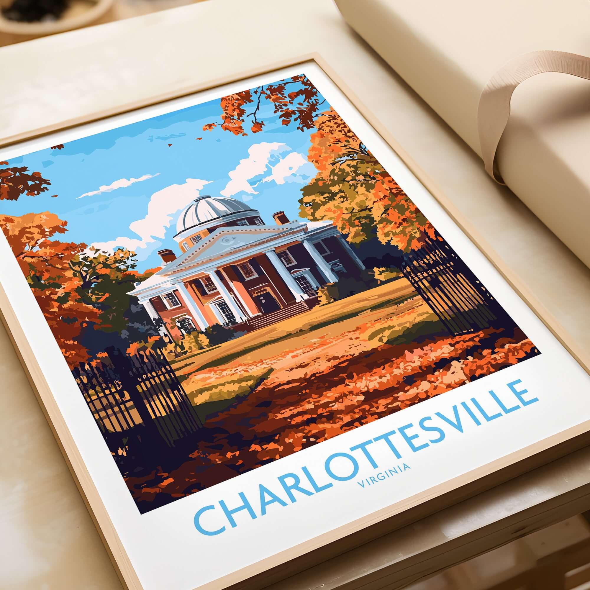 Charlottesville Landmark Poster - UVA Rotunda Wall Art, Autumn Scene featuring the iconic UVA Rotunda surrounded by fall foliage.