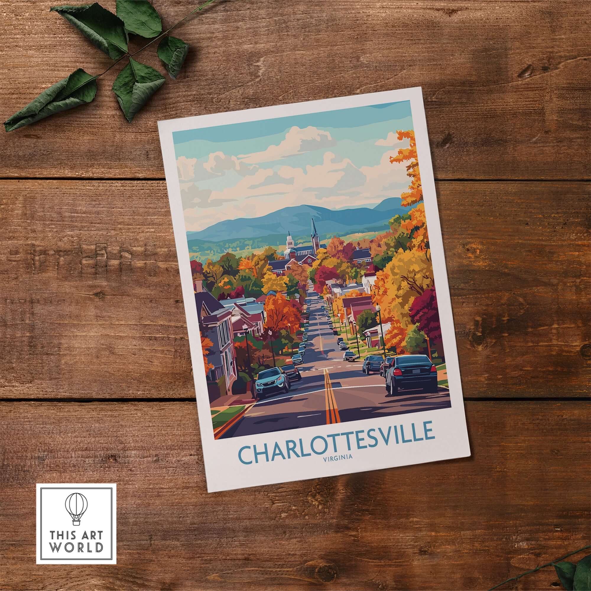 Charlottesville Poster Print - Scenic Virginia Road, Autumn Cityscape on a wooden table with fall colors.