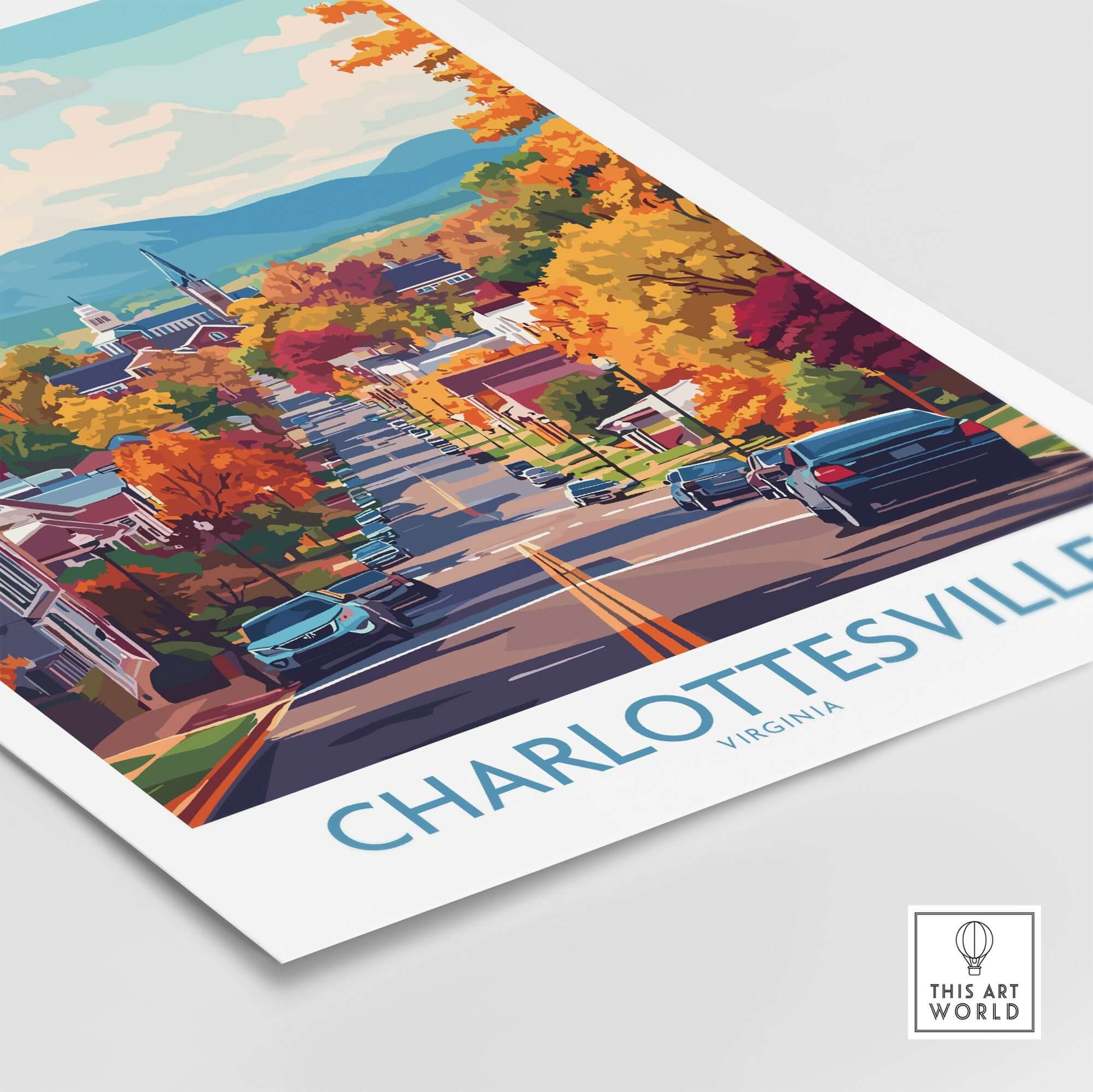Charlottesville Poster Print - Scenic Virginia Road, Autumn Cityscape art print featuring vibrant cityscape and autumn landscape.