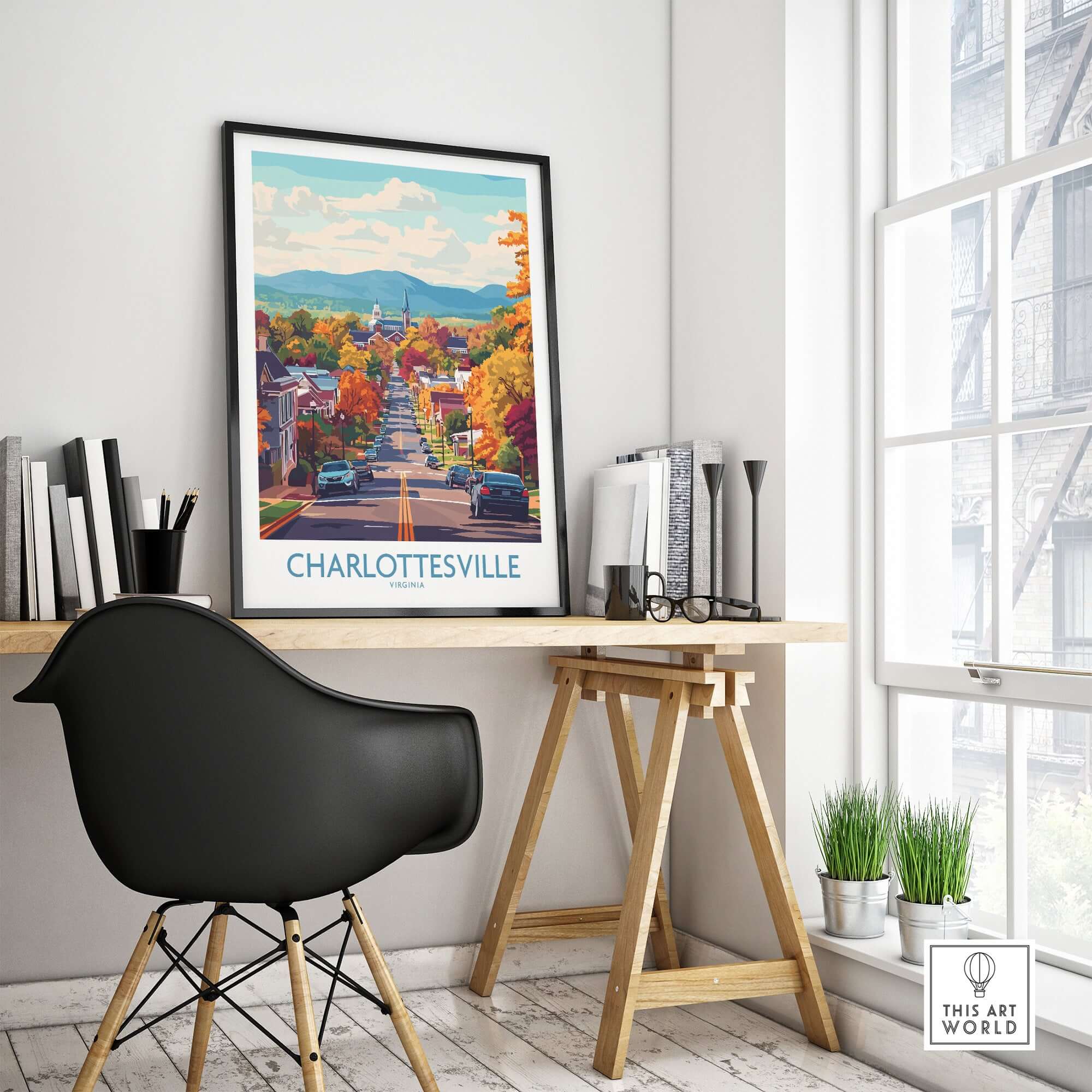 Charlottesville Poster Print - Scenic Virginia Road, Autumn Cityscape in a stylish interior setting with modern decor.