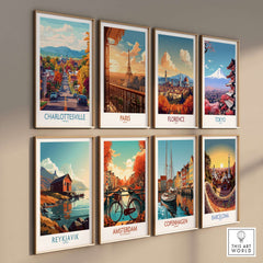 Charlottesville Poster Print - Scenic Virginia Road, Autumn Cityscape displayed among other travel art prints on a wall.