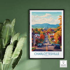 Charlottesville Poster Print - Scenic Virginia Road, Autumn Cityscape framed on wall with greenery.