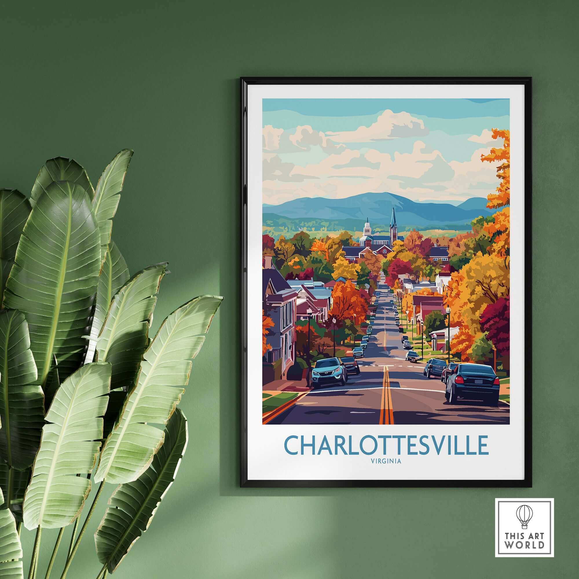 Charlottesville Poster Print - Scenic Virginia Road, Autumn Cityscape framed on wall with greenery.