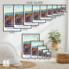 Charlottesville Virginia Art Print - Street View Poster, Fall Colors size guide showing various frame options.