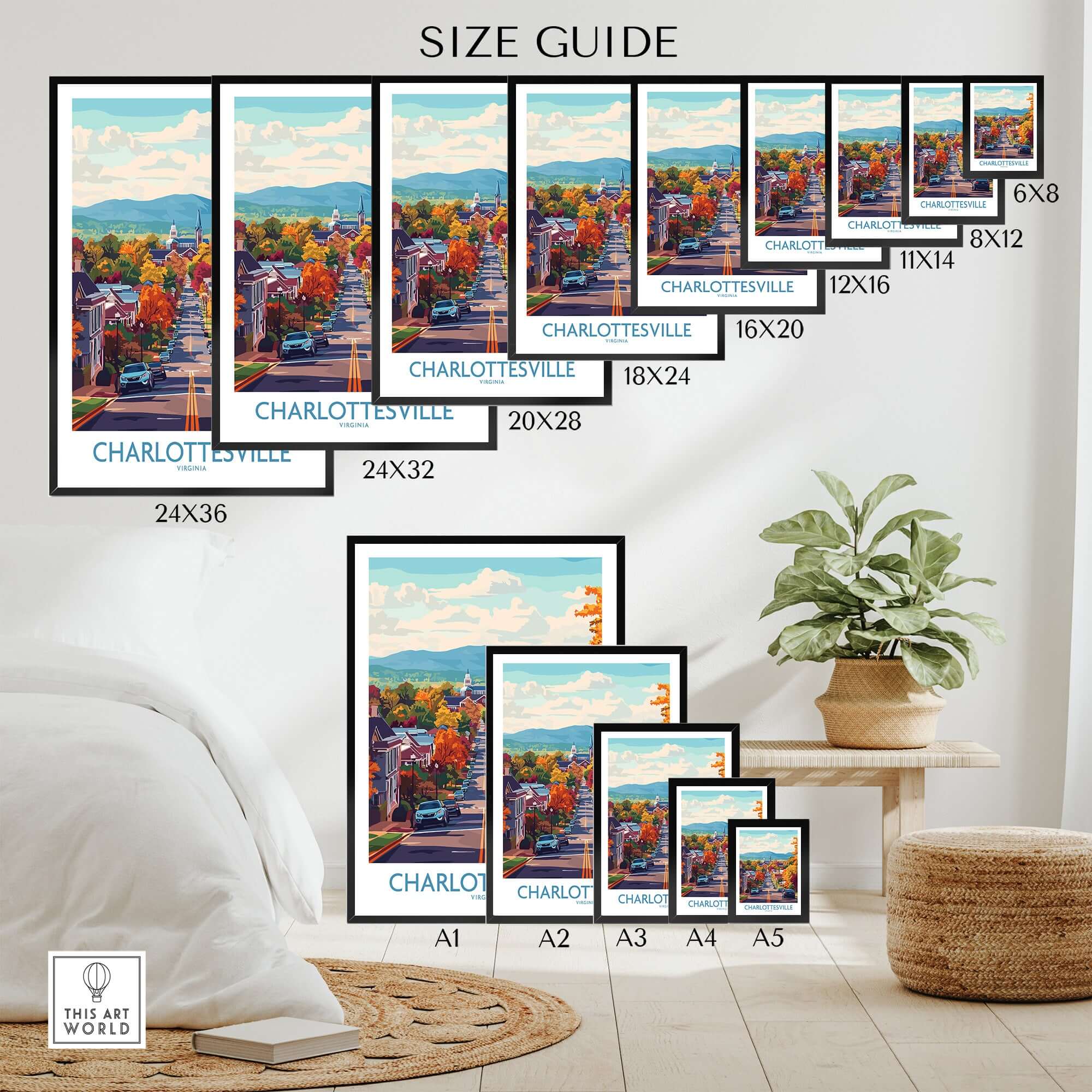 Charlottesville Virginia Art Print - Street View Poster, Fall Colors size guide showing various frame options.