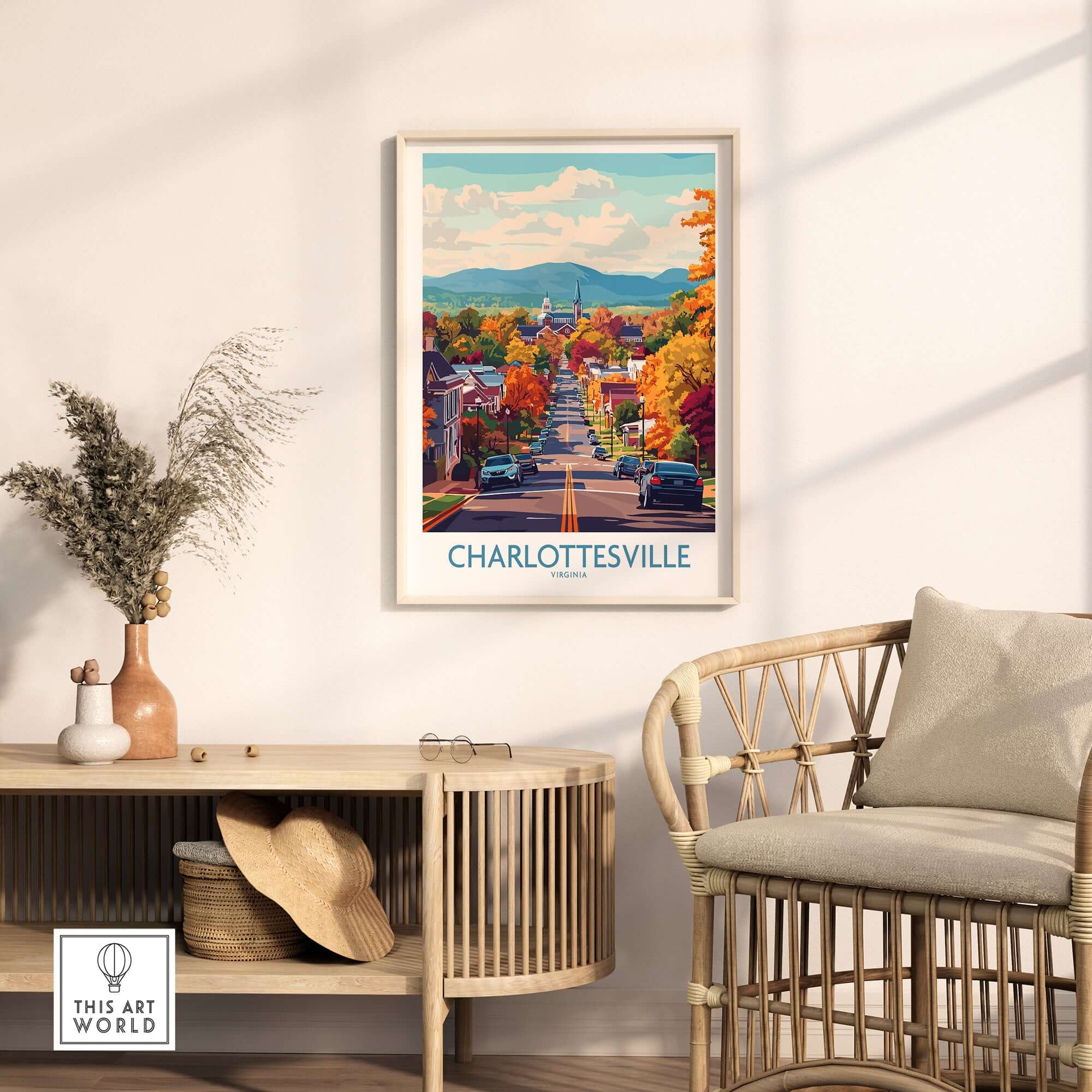 Charlottesville Virginia Art Print - Street View Poster, Fall Colors displayed on a wall near a cozy chair.