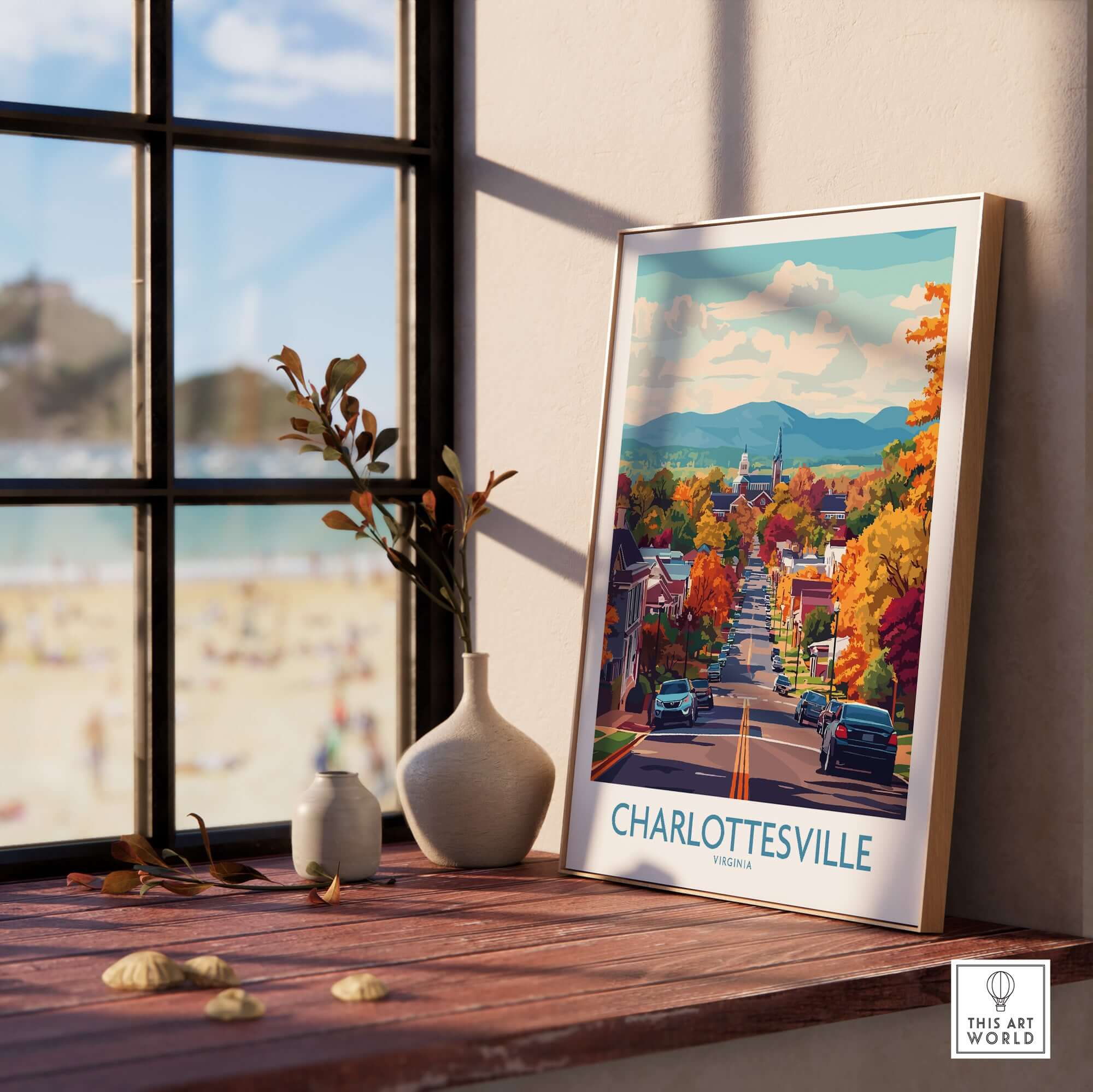 Charlottesville Virginia Art Print - Street View Poster, Fall Colors displayed in a cozy room with autumn landscape.