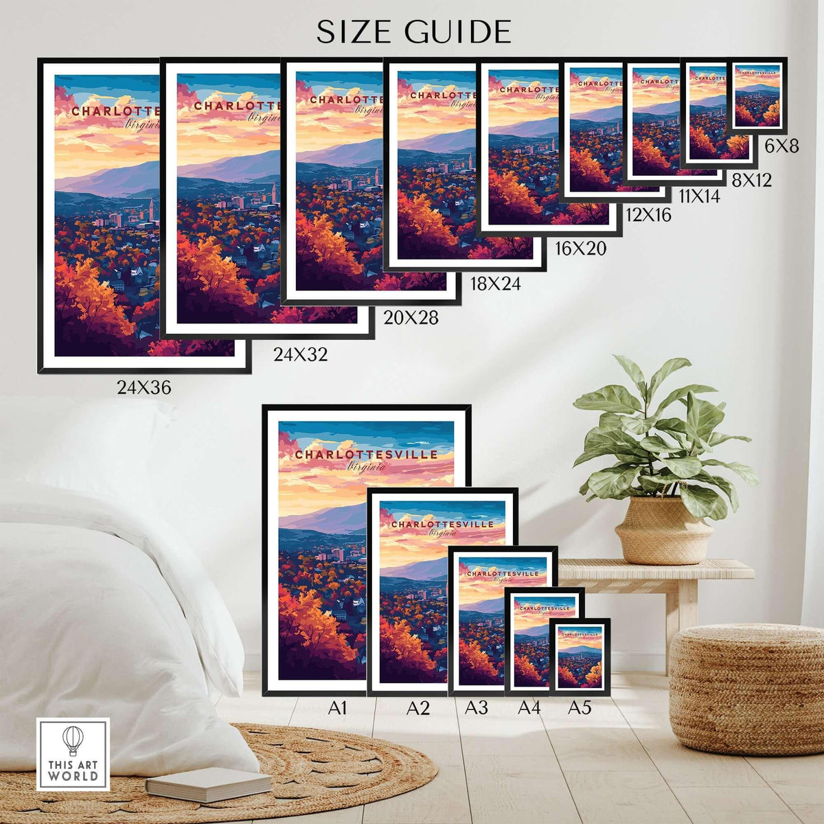 Charlottesville Virginia Poster - Skyline Art Print, Mountain View size guide showing various frame sizes.