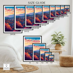 Charlottesville Virginia Poster - Skyline Art Print, Mountain View size guide showing various frame sizes.
