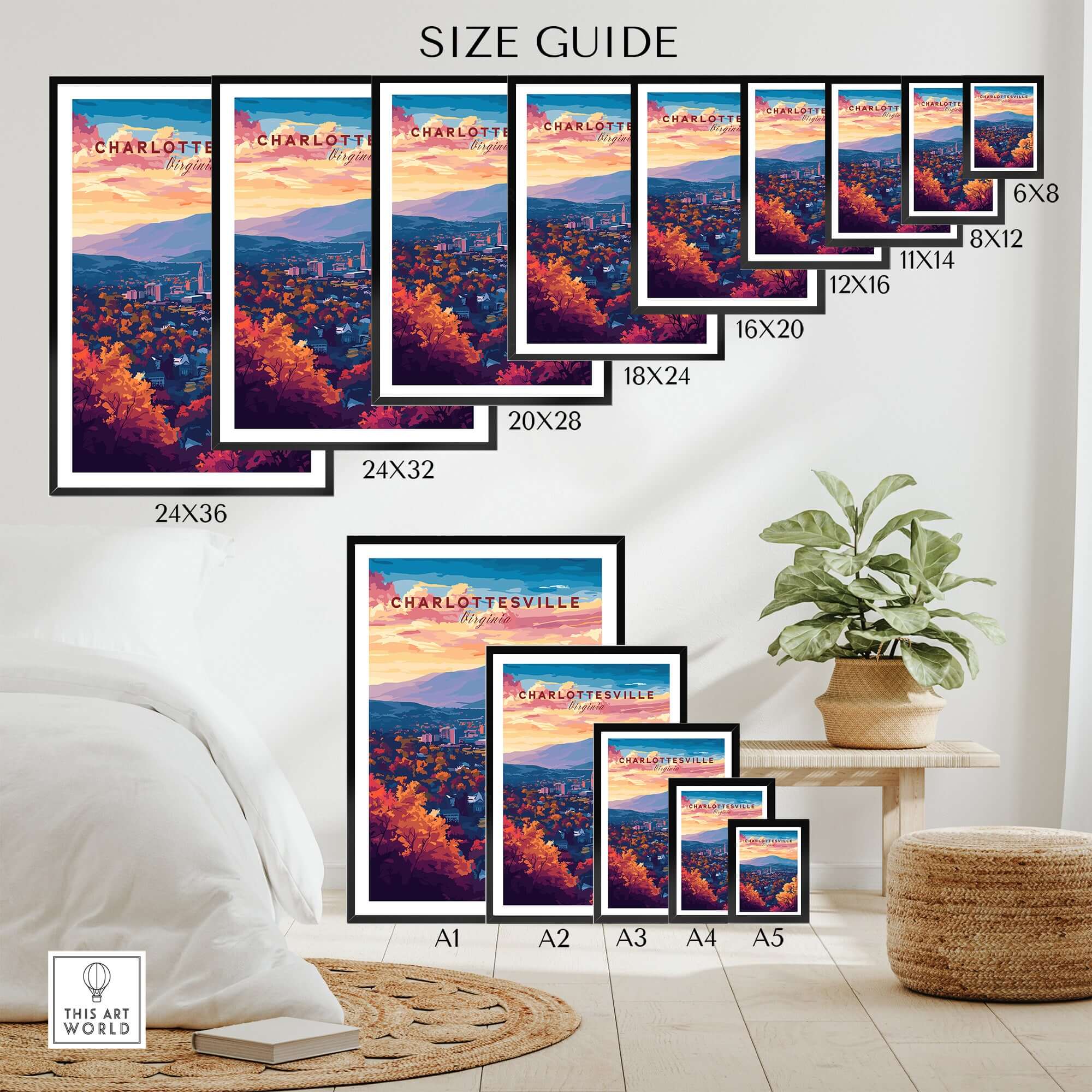 Charlottesville Virginia Poster - Skyline Art Print, Mountain View size guide showing various frame sizes.