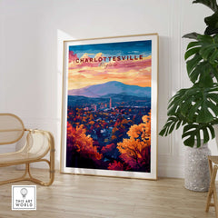 Charlottesville Virginia Poster - Skyline Art Print, Mountain View showcasing vibrant skyline and mountains in home decor.