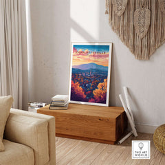 Charlottesville Virginia Poster - Skyline Art Print, Mountain View displayed in a modern home decor setting.