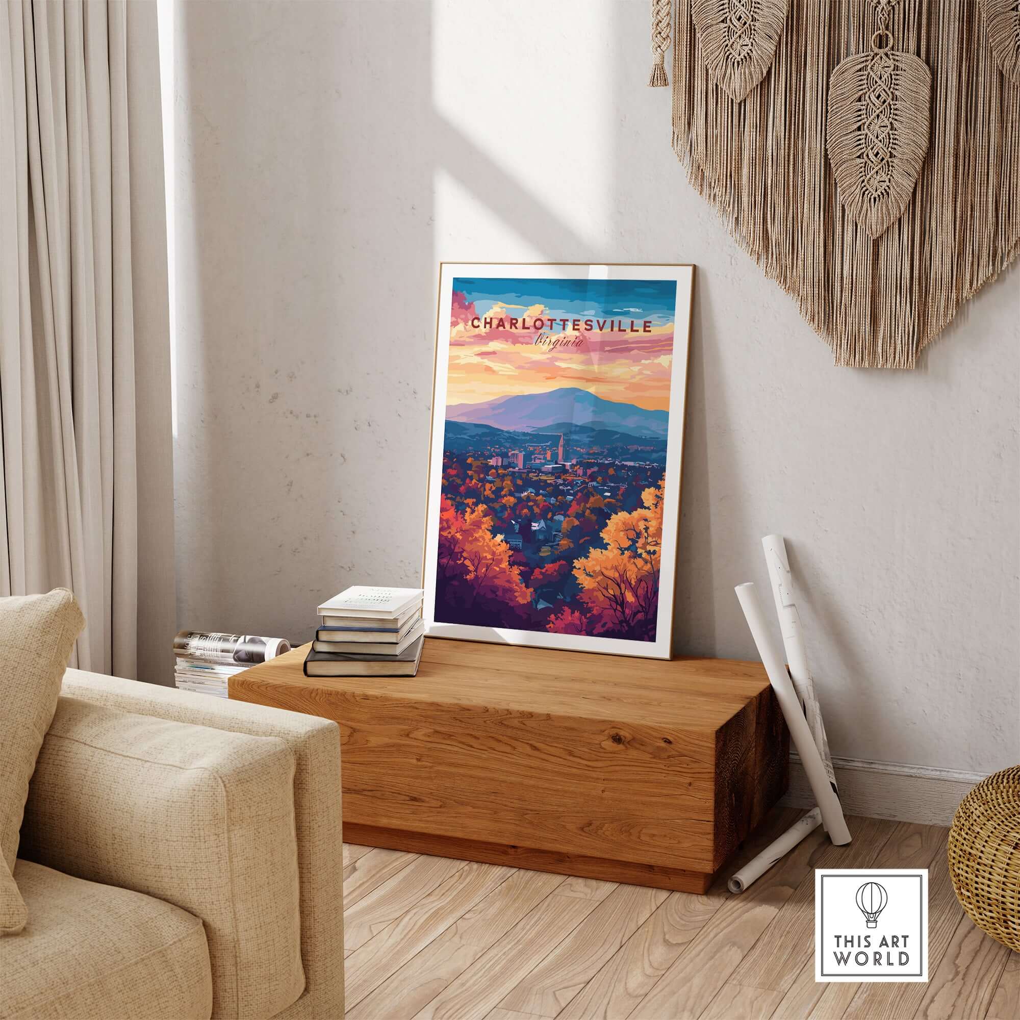 Charlottesville Virginia Poster - Skyline Art Print, Mountain View displayed in a modern home decor setting.