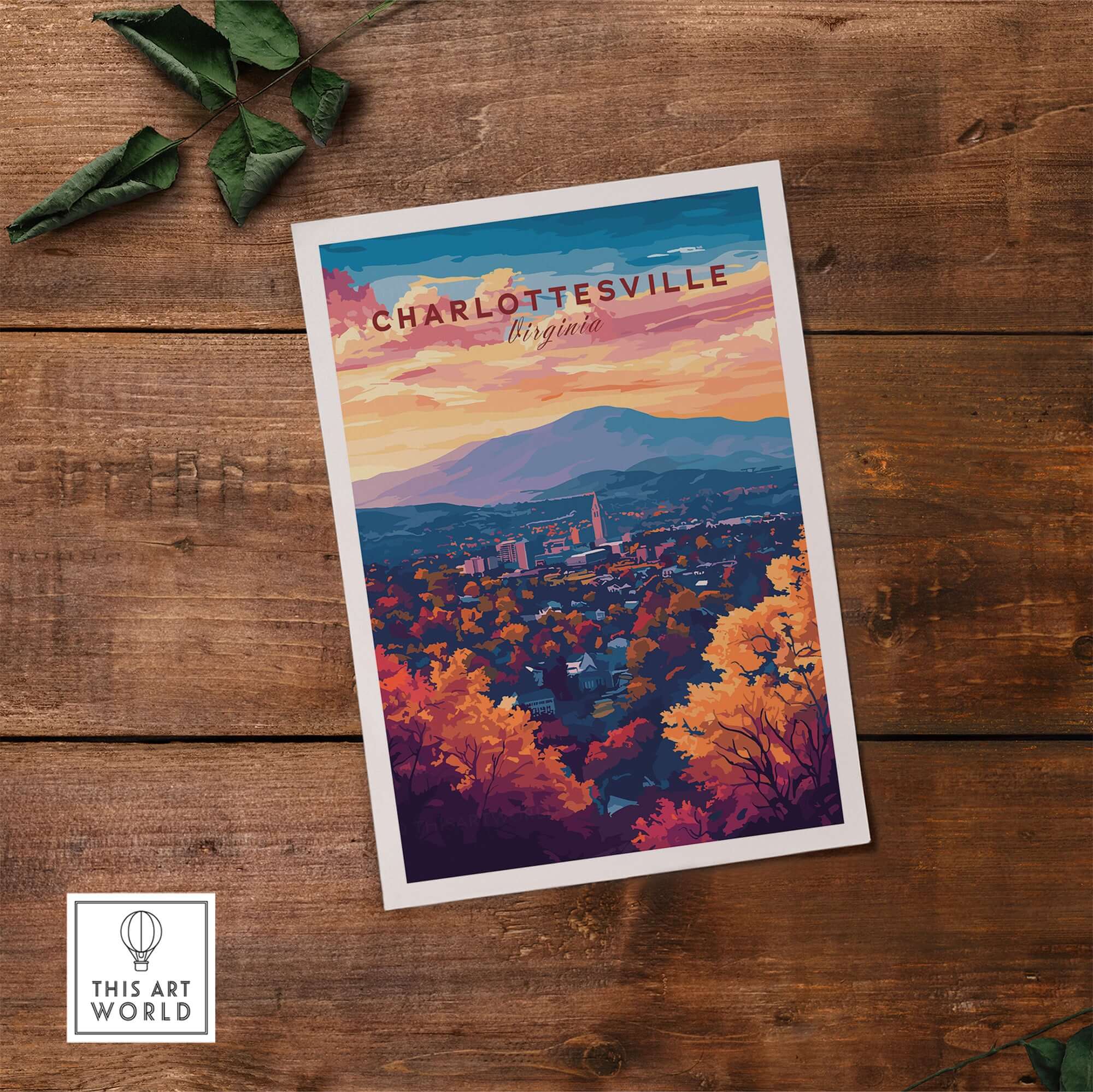 Charlottesville Virginia Poster - Skyline Art Print, Mountain View showcasing a vibrant skyline and mountains.