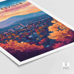Charlottesville Virginia Poster - Skyline Art Print, Mountain View showcasing vibrant autumn landscape and iconic skyline.