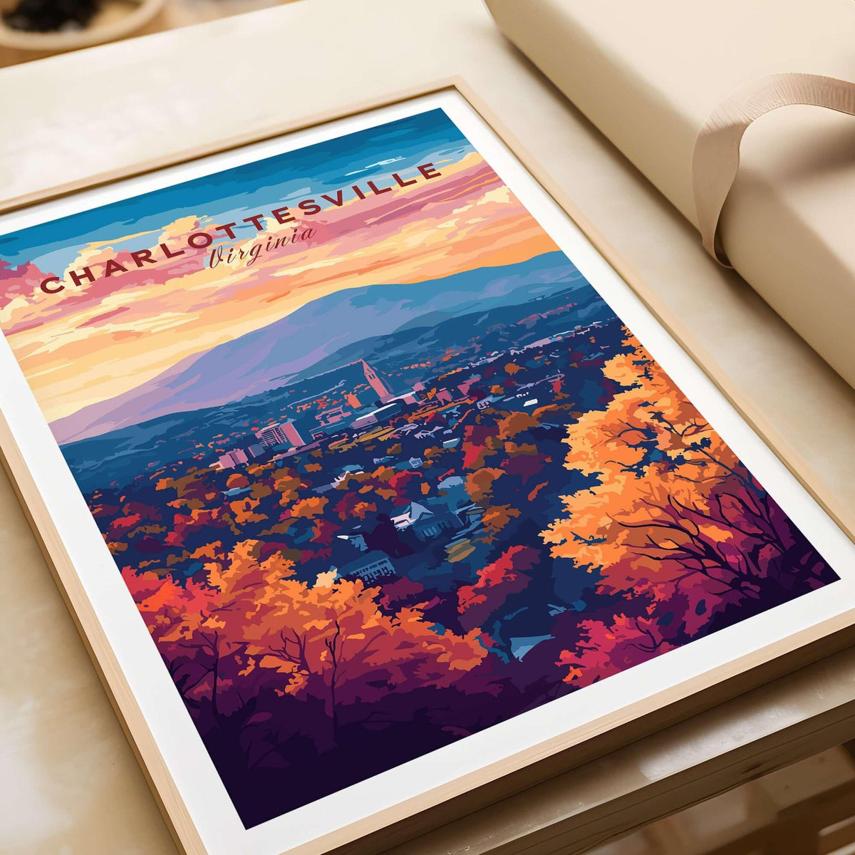 Charlottesville Virginia Poster - Skyline Art Print, Mountain View featuring a vibrant landscape and colorful autumn foliage.