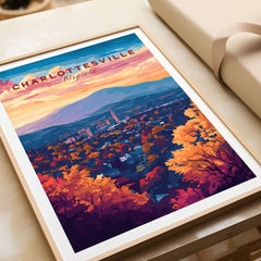 Charlottesville Virginia Poster - Skyline Art Print, Mountain View featuring a vibrant landscape and colorful autumn foliage.