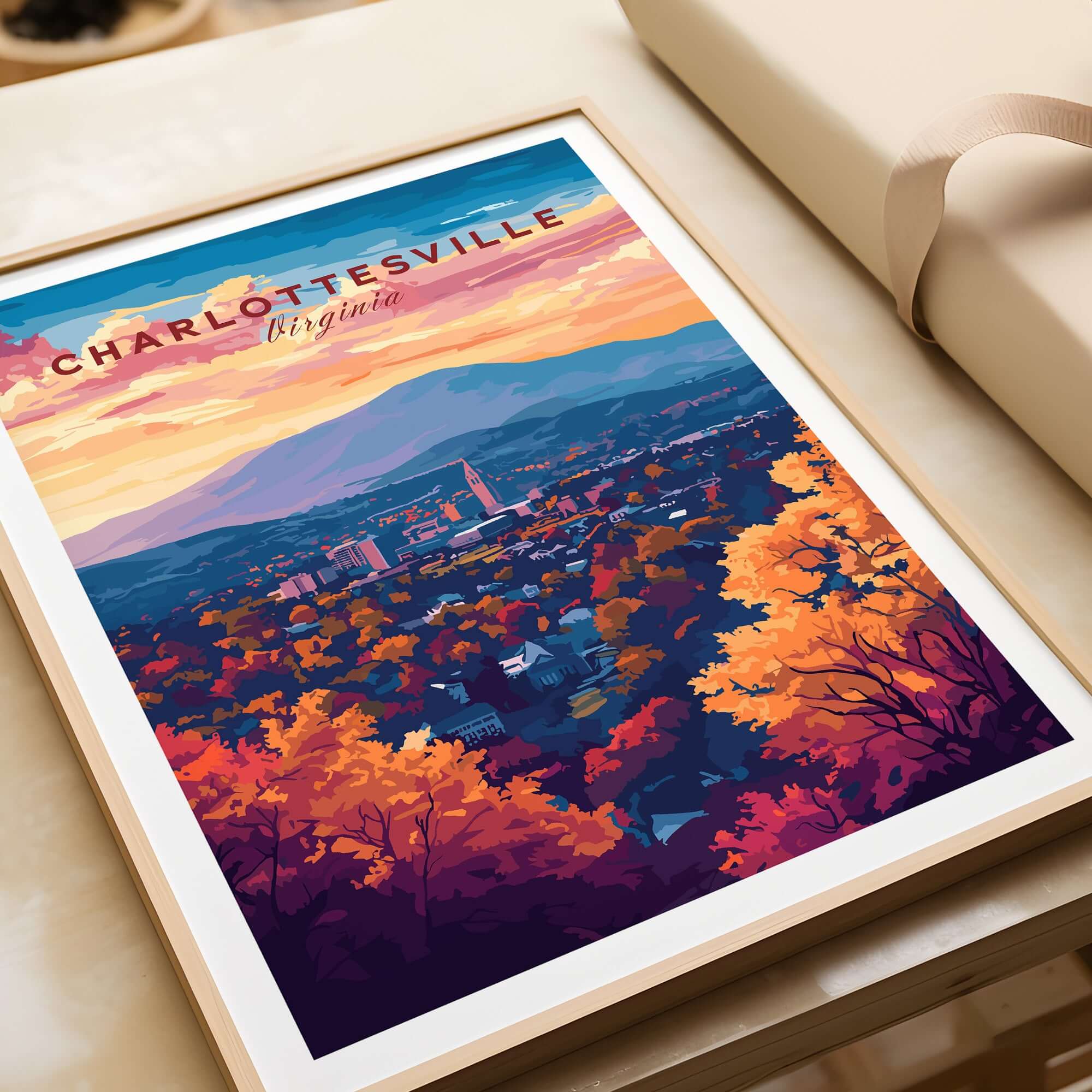 Charlottesville Virginia Poster - Skyline Art Print, Mountain View featuring a vibrant landscape and colorful autumn foliage.