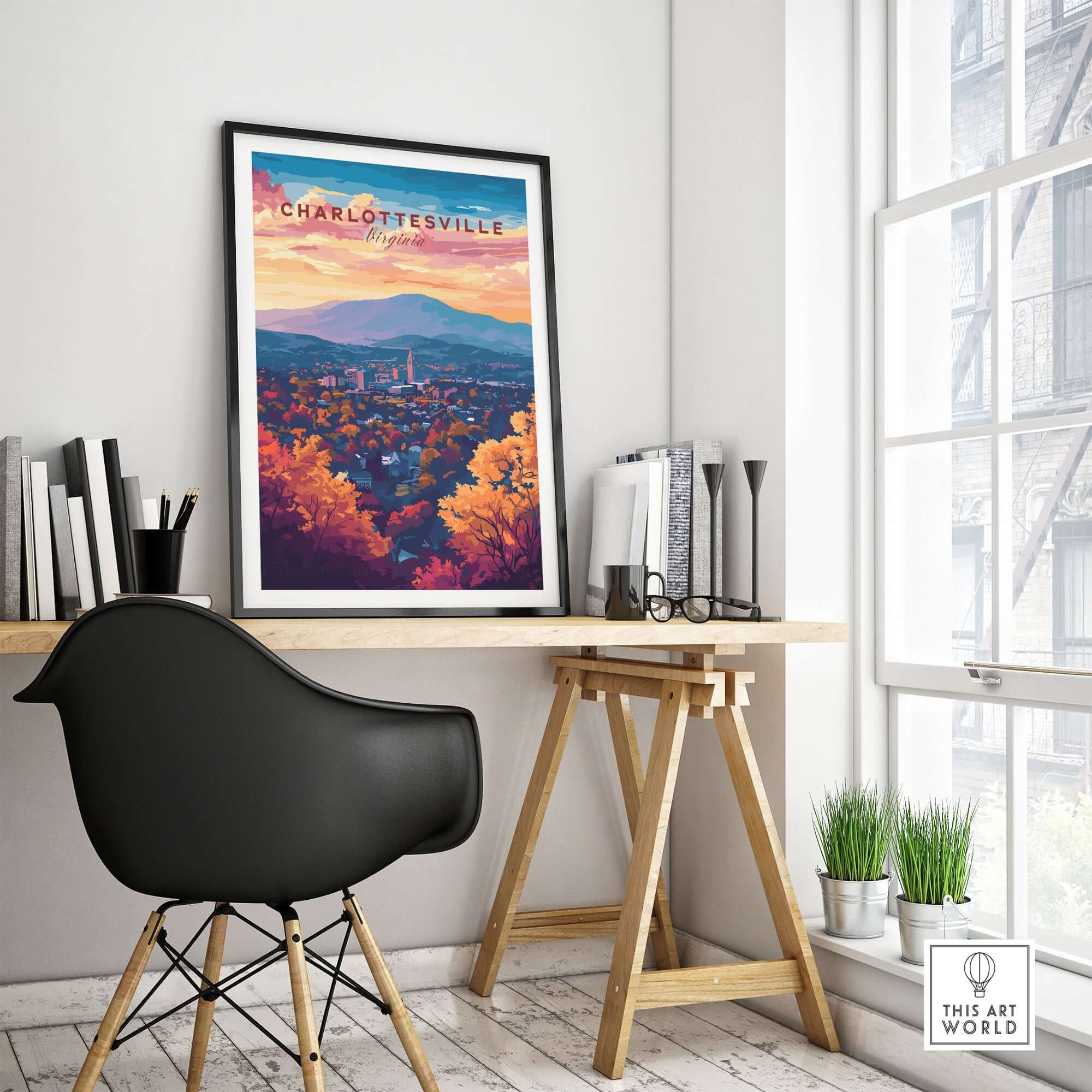 Charlottesville Virginia Poster - Skyline Art Print, Mountain View displayed in a modern home office setting.