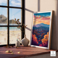 Charlottesville Virginia Poster - Skyline Art Print, Mountain View showcased in a stylish setting with nature elements.