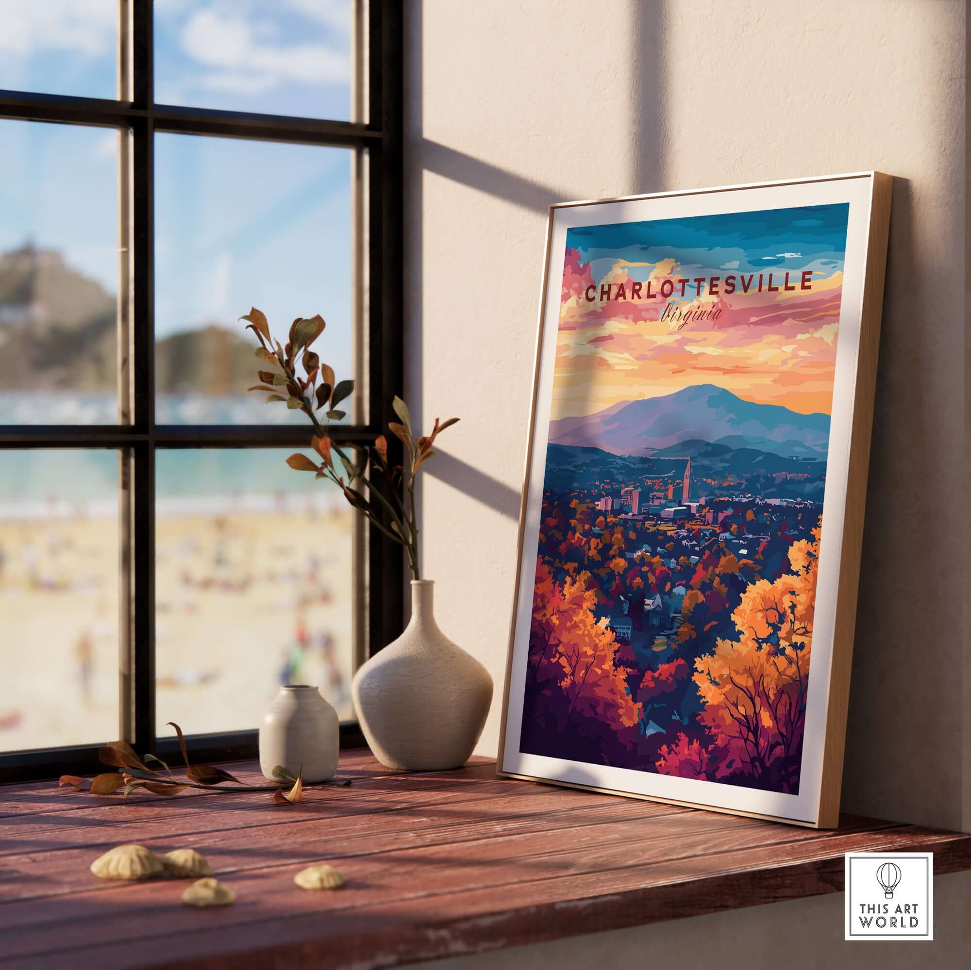 Charlottesville Virginia Poster - Skyline Art Print, Mountain View showcased in a stylish setting with nature elements.