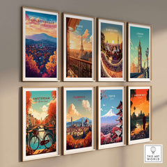 Charlottesville Virginia Poster - Skyline Art Print, Mountain View collection of travel-themed art prints on a wall.
