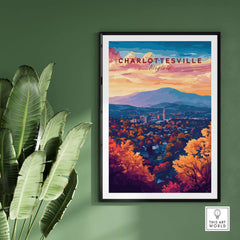 Charlottesville Virginia Poster - Skyline Art Print, Mountain View artwork showcasing vibrant skyline and mountains.