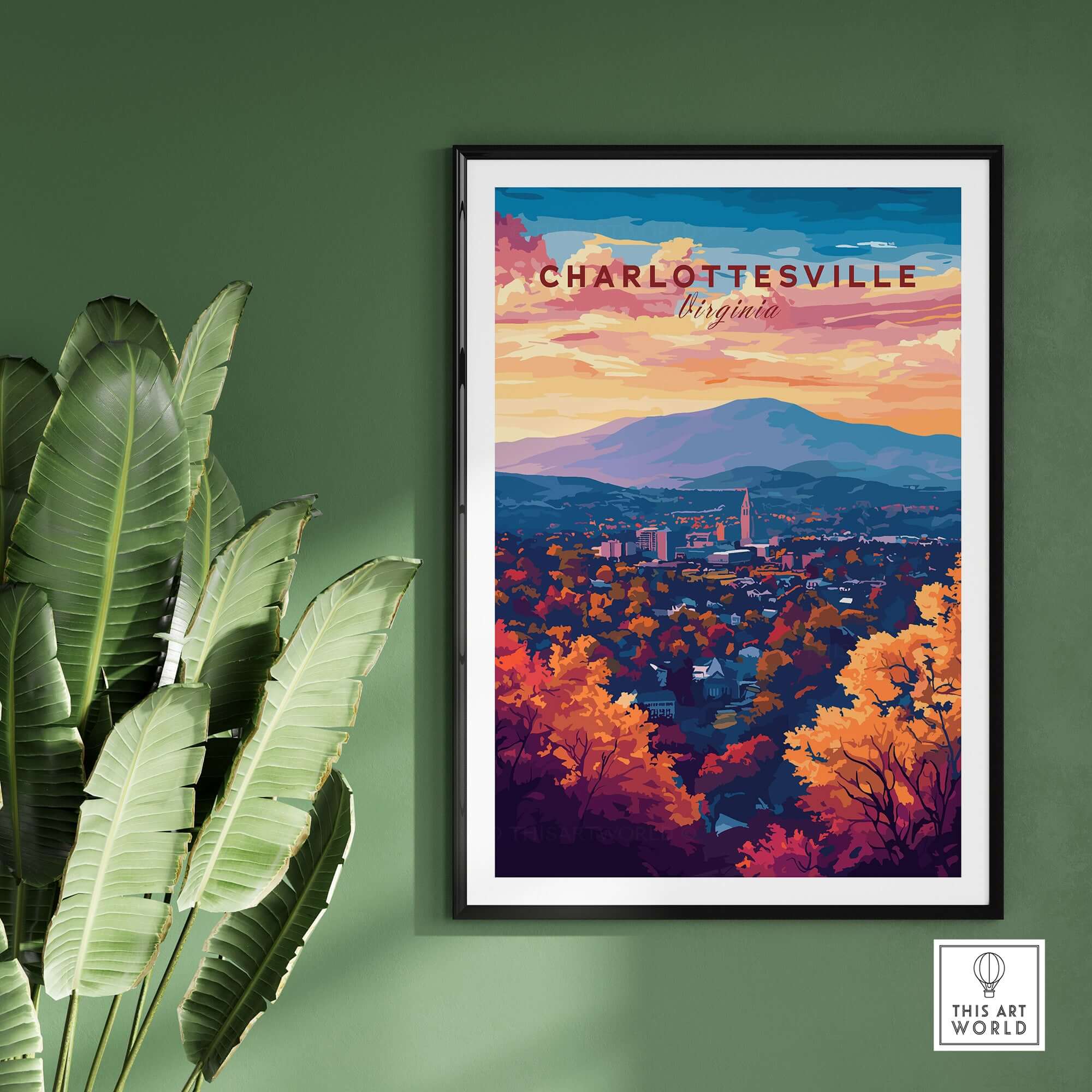 Charlottesville Virginia Poster - Skyline Art Print, Mountain View artwork showcasing vibrant skyline and mountains.