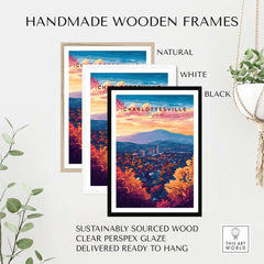 Charlottesville Virginia Poster - Skyline Art Print, Mountain View in handmade wooden frames, featuring natural, white and black options.
