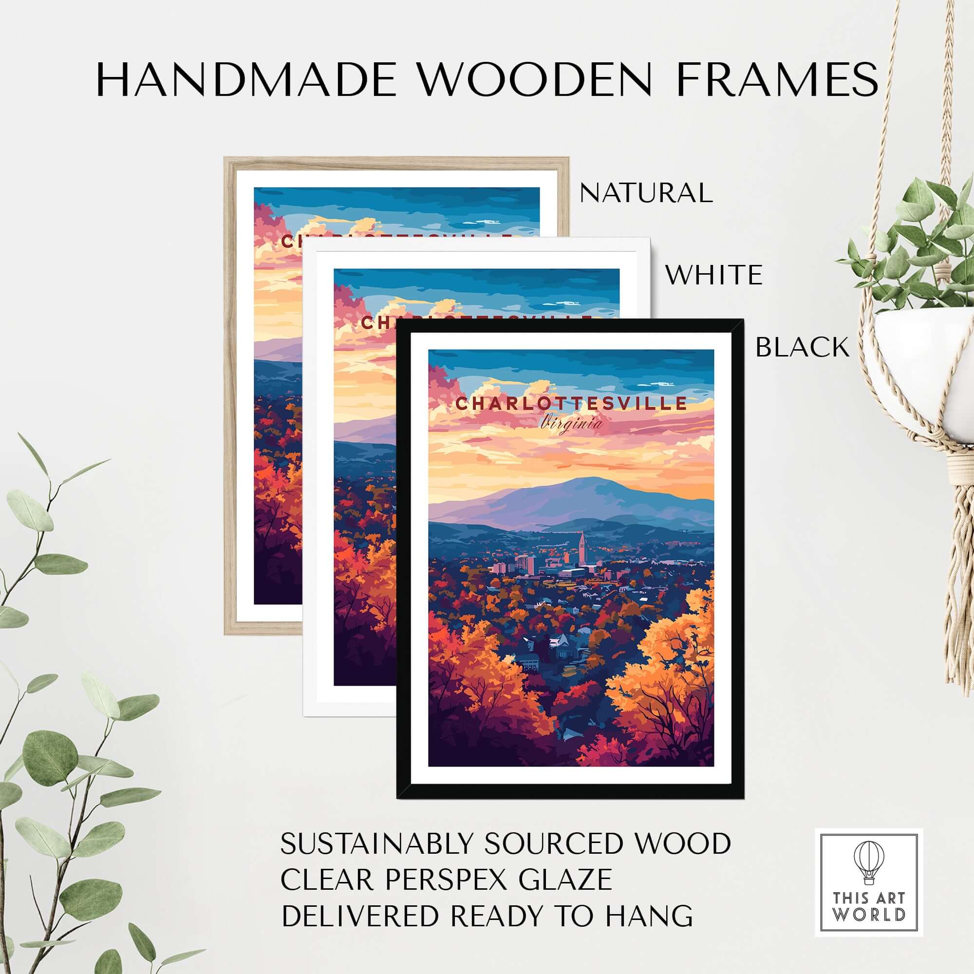 Charlottesville Virginia Poster - Skyline Art Print, Mountain View in handmade wooden frames, featuring natural, white and black options.