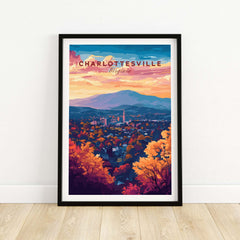 Charlottesville Virginia Poster - Skyline Art Print, Mountain View featuring vibrant colors and a scenic landscape.