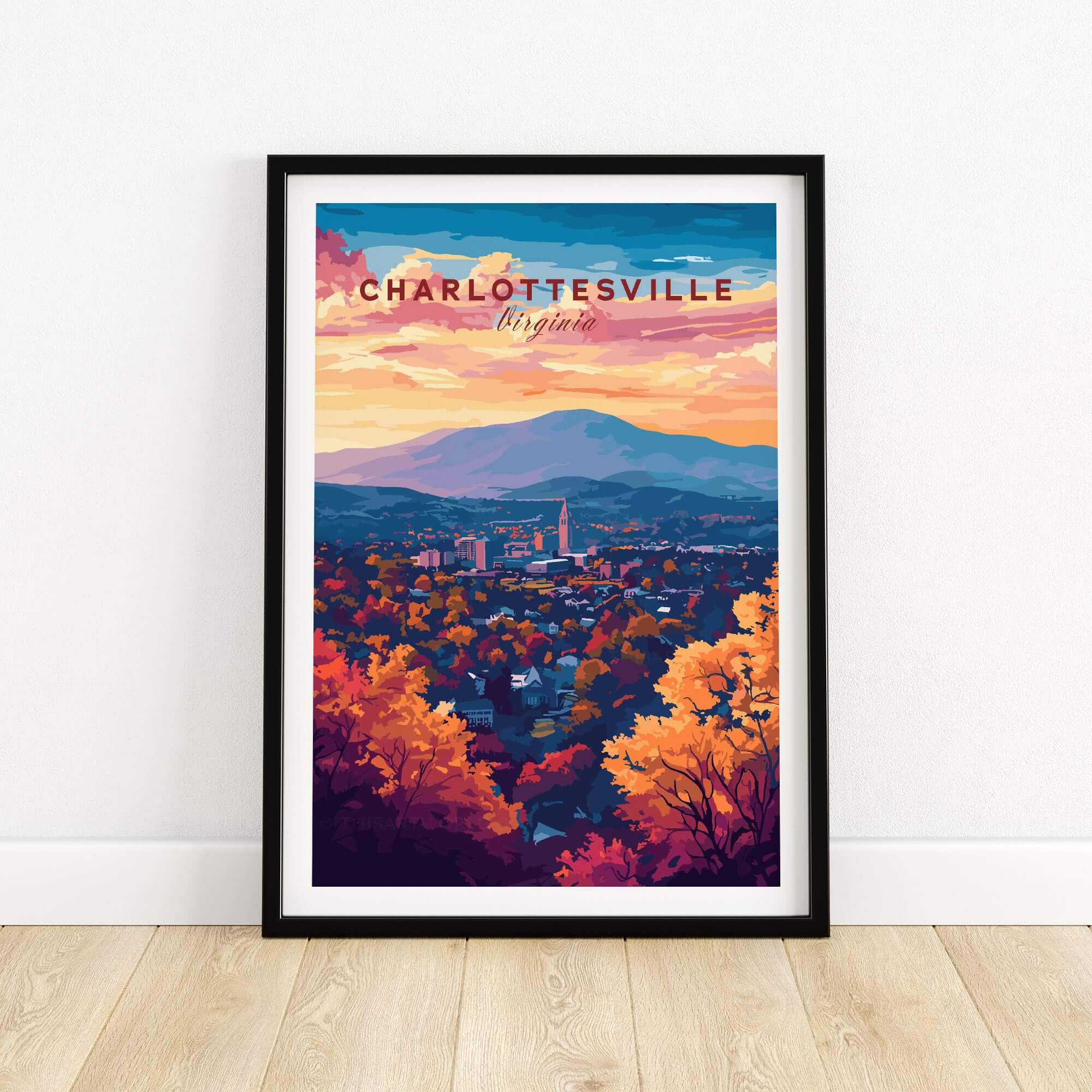 Charlottesville Virginia Poster - Skyline Art Print, Mountain View featuring vibrant colors and a scenic landscape.