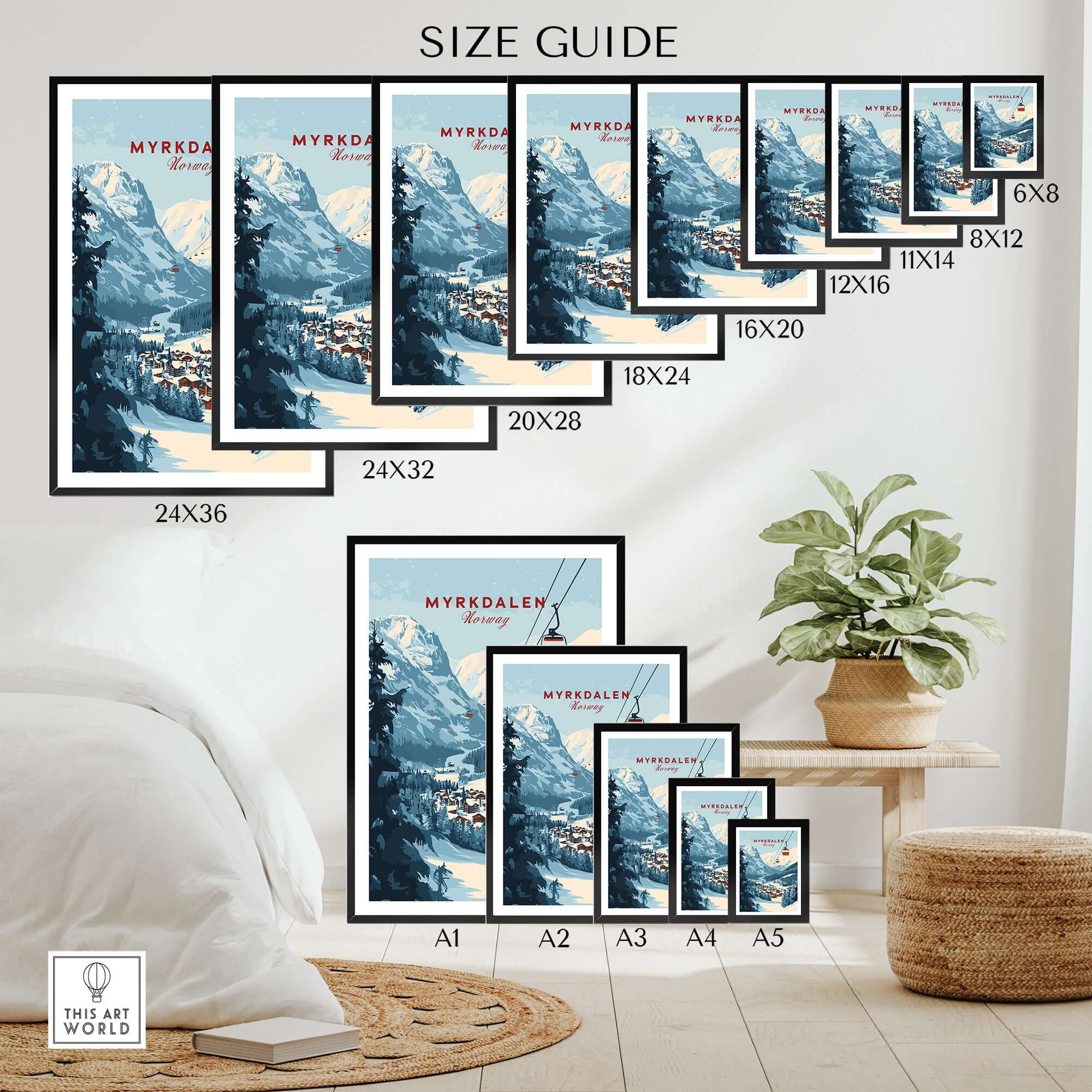 Size guide showcasing various framed sizes of the Charming Myrkdalen Ski Poster in a stylish setting.